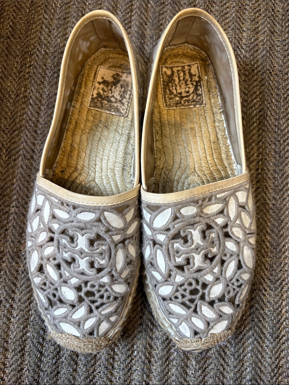 Tory Burch Taupe and White Cutout Espadrille Flats